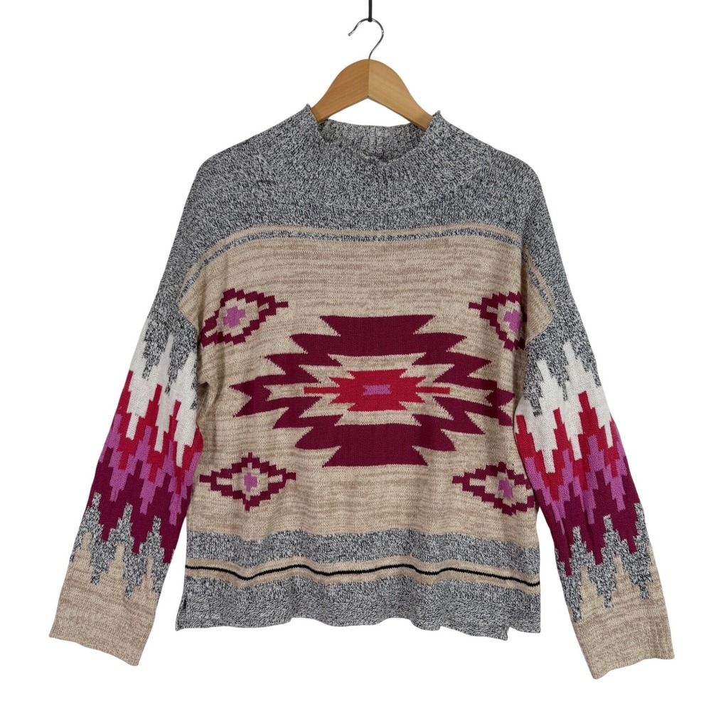 NIC+ZOE Sweater Women XL Multi Southwestern Geometric Mock Neck Cotton Blend
